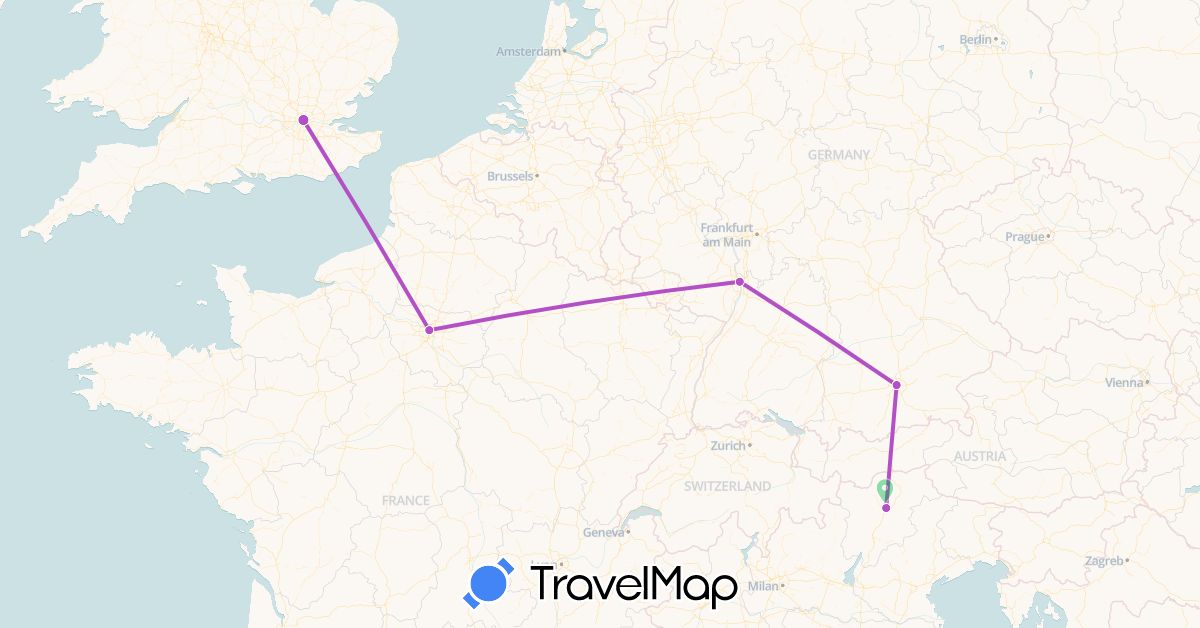 TravelMap itinerary: bus, train in Germany, France, United Kingdom, Italy (Europe)